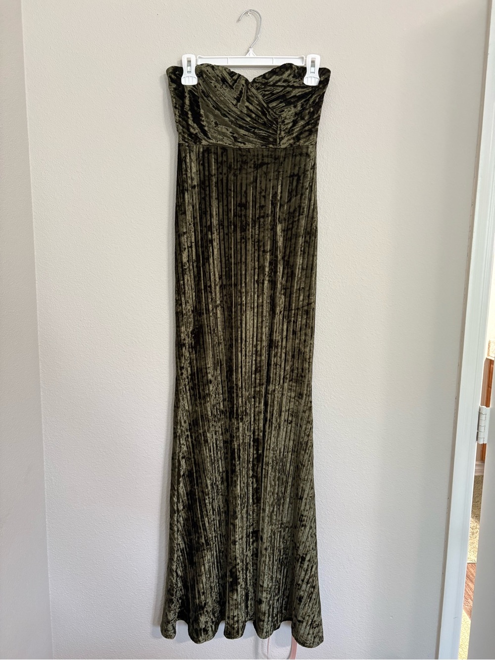 Lulu's Olive Green Strapless Velvet Evening Gown with Side Slit - Picture 2 of 4